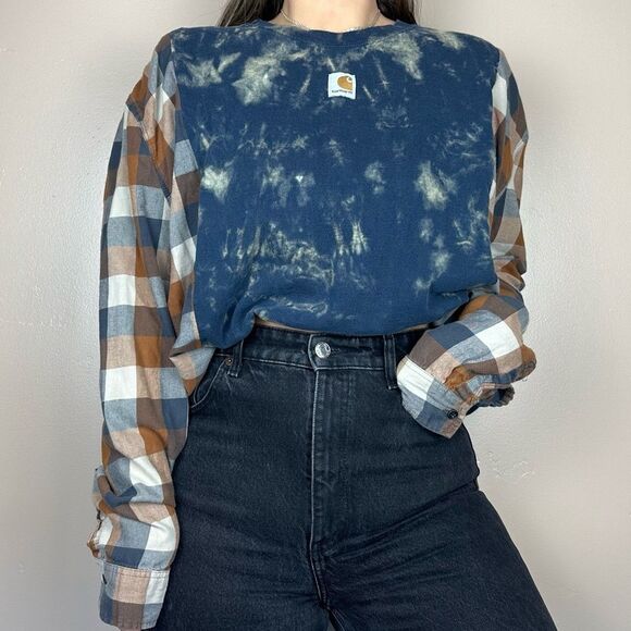 Reworked Carhartt Upcycled Tie Dye Blue Long Sleeve Plaid Flannel Relaxed Shirt - Picture 2 of 4